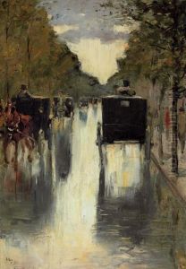 Berlin Street Scene With Horse-drawn Cabs by Lesser Ury