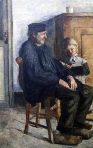 Seated Man Listening To A Child Reading by Lesser Ury