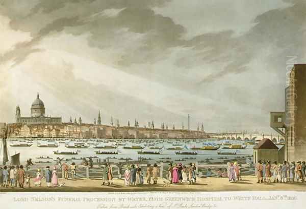 Lord Nelsons funeral procession by water from Greenwich to Whitehall from The History and Graphic Life of Nelson, engraved by J. Clark and H. Marke, pub. by Orme, 1806 - view 1