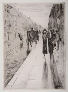 Spazierganger Im Regen Vor Pferdedroschke by Lesser Ury