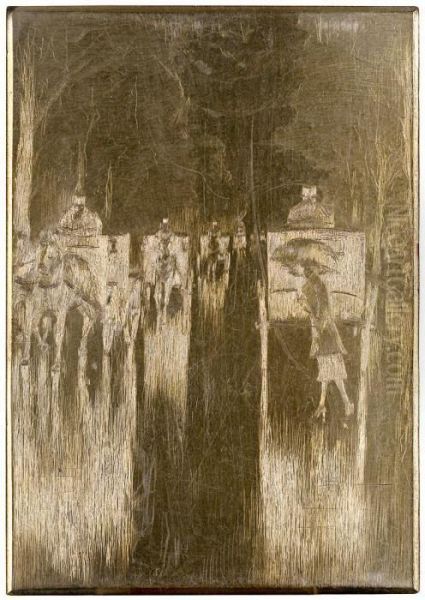 "regennasse Tiergartenallee Mit Pferdedroschken: Dame Mitschirm Uberquert Die Strasse" - view 1