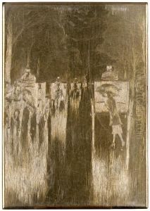 "regennasse Tiergartenallee Mit Pferdedroschken: Dame Mitschirm Uberquert Die Strasse" by Lesser Ury