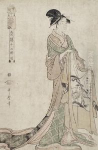 A Courtesan In Yoshiwara At 6am Helping Her Departing Client To Put On His Haori Jacket