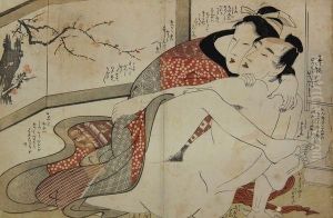 Couple Enlace Devant Un Shoji A Decor De Pruniers En Fleurs. by Kitagawa Utamaro