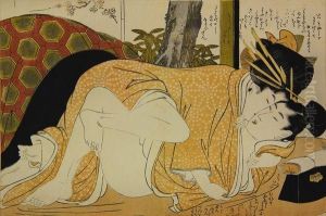 Couple Enlace Devant Des Bambous. by Kitagawa Utamaro