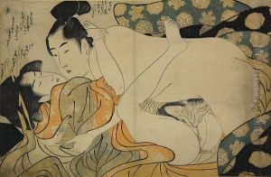 Couple Enlace, La Femme En Kimono Decore De Toiles D'araignee. by Kitagawa Utamaro