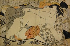 Couple Enlace Devant Un Shoji Et Chawan. by Kitagawa Utamaro
