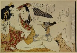 Couple Enlace, La Femme En Kimono Decore De Fleurs De Cerisiers Sur Fond Rouge. by Kitagawa Utamaro