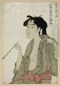 Woman Exhaling Smoke From A Pipe, From The Series Fujo Ninso Juppon by Kitagawa Utamaro