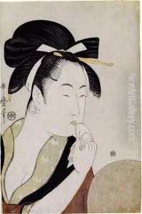 Portrait En Buste Okubi-e D'une Jeune Femme Se Maquillant Devant Unmiroir by Kitagawa Utamaro