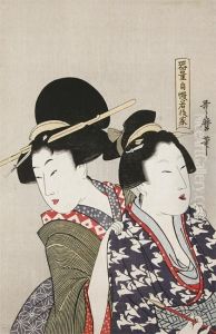 Borst Portret Van Twee Schoonheden, Een Houdt Een Pijp Vast by Kitagawa Utamaro
