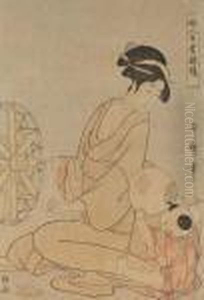 Une Jeune Femme Assise Tourne 
Une Roue En Bois En Regardant Son Fi Ls Qui Lui Montre Un Uchiwa - view 1