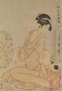 Une Jeune Femme Assise Tourne
Une Roue En Bois En Regardant Son Fi Ls Qui Lui Montre Un Uchiwa by Kitagawa Utamaro