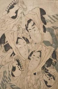 Portrait De Deux Jeunes Femmes Et Un Homme Tenant by Kitagawa Utamaro