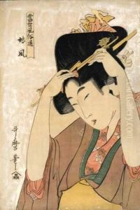 Jeune Femme S'ajustant Une Epingle A Cheveux by Kitagawa Utamaro