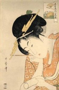 Portrait D'une Jeune Femme Tenant Un Pinceau Et Un Rouleau De Peinture. by Kitagawa Utamaro