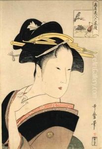 Portrait D'une Jeune Femme En Buste, Tenant Le Tissu De Son Col. by Kitagawa Utamaro