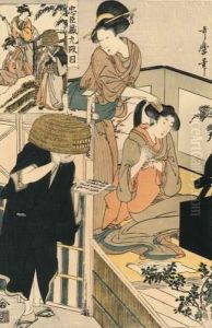 Jeune Femme Peignant Les Cheveux D'une Autre Regardant Un Ronin Lisant Un Livre. by Kitagawa Utamaro