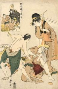 Deux Hommes Se Battant Avec Des Balais, Observee Par Une Bijin. by Kitagawa Utamaro