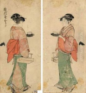 Portrait En Pied De La Belle Okita De La Maison Naniwaya Marchant, Tenant Un Chadai by Kitagawa Utamaro