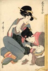 Deux Jeunes Femmes Assises,
Chichi S'appretant A Allaiter, L'autre Fait La Lecon A Un Enfant. by Kitagawa Utamaro