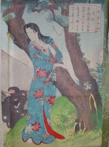 Woman In A Garden By A Tree by Kitagawa Utamaro