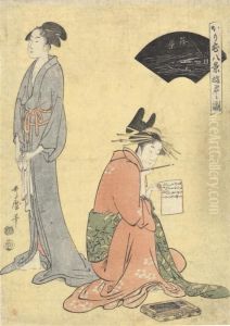 A Courtesan Writing A Letter While Another Stands Behind by Kitagawa Utamaro