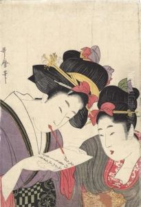 A Girl Looks On While Her 
Companion Pens A Letter, Signed Utamarohitsu, Good Impression And 
Colour, Slight Soiling And Creasing,backed