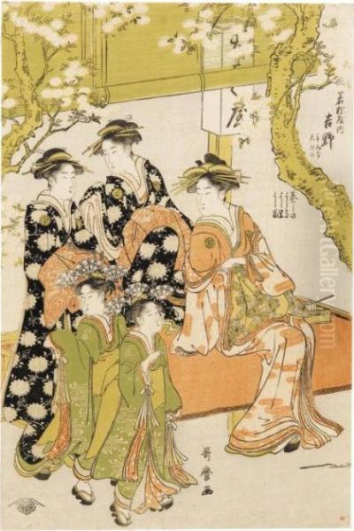 La Courtisane Yoshino De Wakamatsu Ya Assise, Accompagnee De Deuxshinzo Et Deux Kamuro - view 1