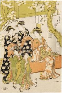 La Courtisane Yoshino De Wakamatsu Ya Assise, Accompagnee De Deuxshinzo Et Deux Kamuro by Kitagawa Utamaro