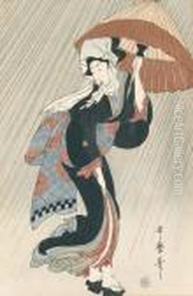 Geisha Mit Schirm Im Regen Und Wind. - view 1