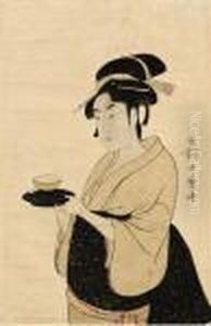 The Tea Waitress Okita Of The Naniwaya, Holding A Teacup, Signed
Utamaro Hitsu
, Published By Tsutaya Jusaburo,
Kiwame
Seal, Second State Without Cartouche, Mica Background, Colours Slightly Faded, Backed by Kitagawa Utamaro