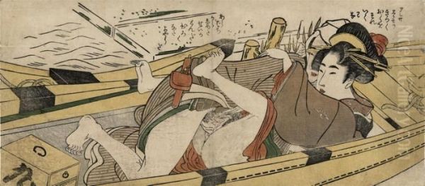 A Couple In A Boat, Slight
Fading, Rubbed And Vertical Centre Fold; And Two Further Prints By
Utamaro - view 1