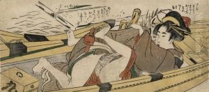 A Couple In A Boat, Slight
Fading, Rubbed And Vertical Centre Fold; And Two Further Prints By
Utamaro by Kitagawa Utamaro