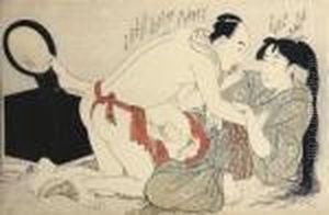 A Man Disturbs His Lover Who 
Appears To Have Been Busy At Her Toilette, Her Foot Is Reflected In Her 
Mirror, From The Series