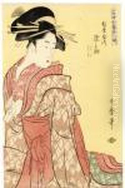 From The Series Toji Zensei 
Bijin Zoroe [an Array Of The Outstanding Beauties Of Our Day], One Of 
Utamaro's Most Striking Compositions, The Courtesan Somenosuke Of 
Matsubaya Opening A Letter With A Hairpin And Shielding The Contents 
From Prying Ey - view 1