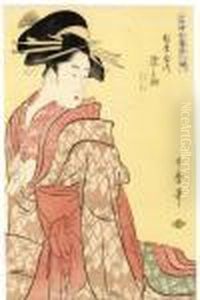 From The Series Toji Zensei 
Bijin Zoroe [an Array Of The Outstanding Beauties Of Our Day], One Of 
Utamaro's Most Striking Compositions, The Courtesan Somenosuke Of 
Matsubaya Opening A Letter With A Hairpin And Shielding The Contents 
From Prying Ey by Kitagawa Utamaro