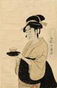 The Tea Waitress Okita Of The Naniwaya, Holding A Teacup, Signed by Kitagawa Utamaro