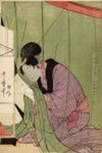 A Courtesan Under A Mosquito Net Reading A Letter By The Light Of A Lamp, Signed