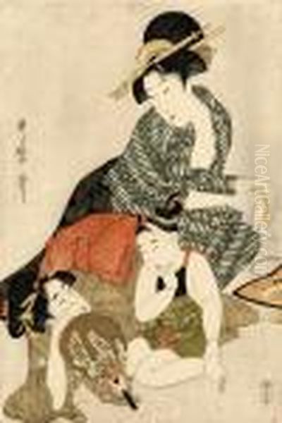 A Girl Holding A Fan Decorated
With A Lespedeza Design Lies On The Floor Talking To A Young Boy Whose
Mother Kneels Behind Them Cleaning A Comb, Signed Utamaro Hitsu - view 1