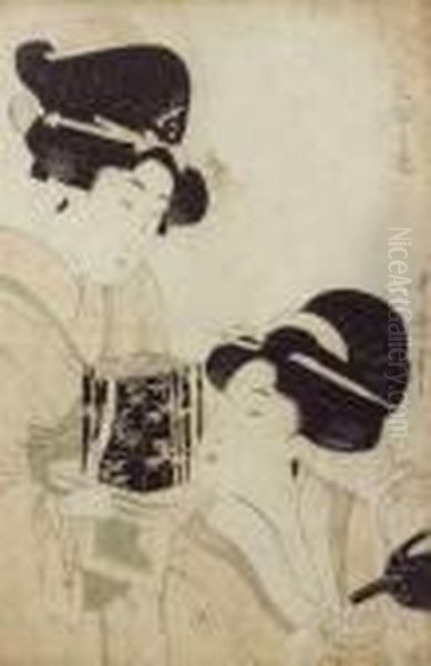 Oban Tate-e Representant Deux
Bijin, L'une Versant Du The, L'autre Apportant Une Boite En Laque A
Decor De Bambou. - view 1