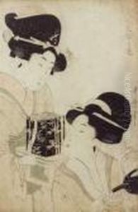 Oban Tate-e Representant Deux 
Bijin, L'une Versant Du The, L'autre Apportant Une Boite En Laque A 
Decor De Bambou.