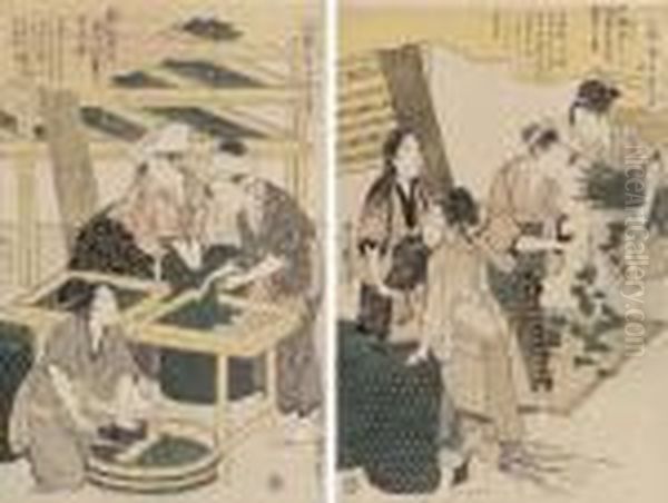 Nine Prints From The Series
Joshoku Kaiko Tewazagusa (women Engagedin The Sericulture Industry),
Comprising "tending The Newly Hatchedworms, No.1," Depicting A Woman
With A Feather Brushing Worms Fromincubation Paper, Two Women Looking
On; "pickin - view 1