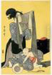 Jeune Femme Examinant Une Piece De Voile by Kitagawa Utamaro