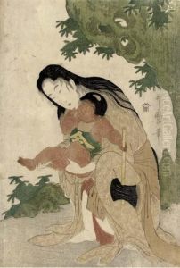 Yamauba Holding Kintaro Clasping An Ax by Kitagawa Utamaro