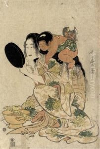 Yamauba Looking In A Mirror While Blackening Her Teeth by Kitagawa Utamaro