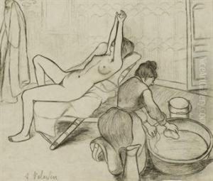 Adele Preparant Le Tub Et Ketty Aux Bras Leves (etude Pourl'eau-forte Eponyme) by Suzanne Valadon