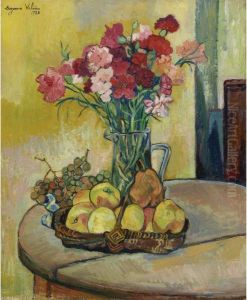 Nature Morte Au Panier De Pommes, Vase De Fleurs, Et Raisins