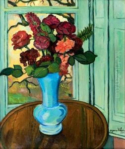 Vase De Fleurs Sur Un Entablement
 Huile Sur Toile, Signee Et Datee 1932 En Bas A Droite by Suzanne Valadon