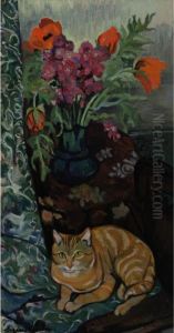 Chat Couche Devant Un Bouquet De Fleurs by Suzanne Valadon